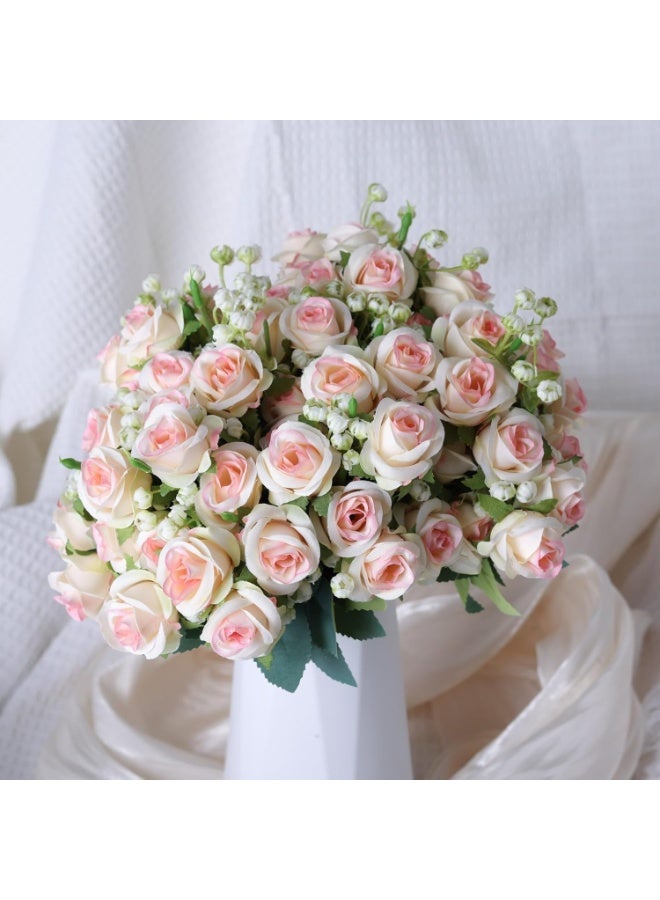 HUANXIN HOME Artificial flower 12 small rose silk flower with leaf plastic flower champagne bouquet Valentine's Day home decoration kitchen wedding table decoration decoration, 1pack (Champagne) - Image 4